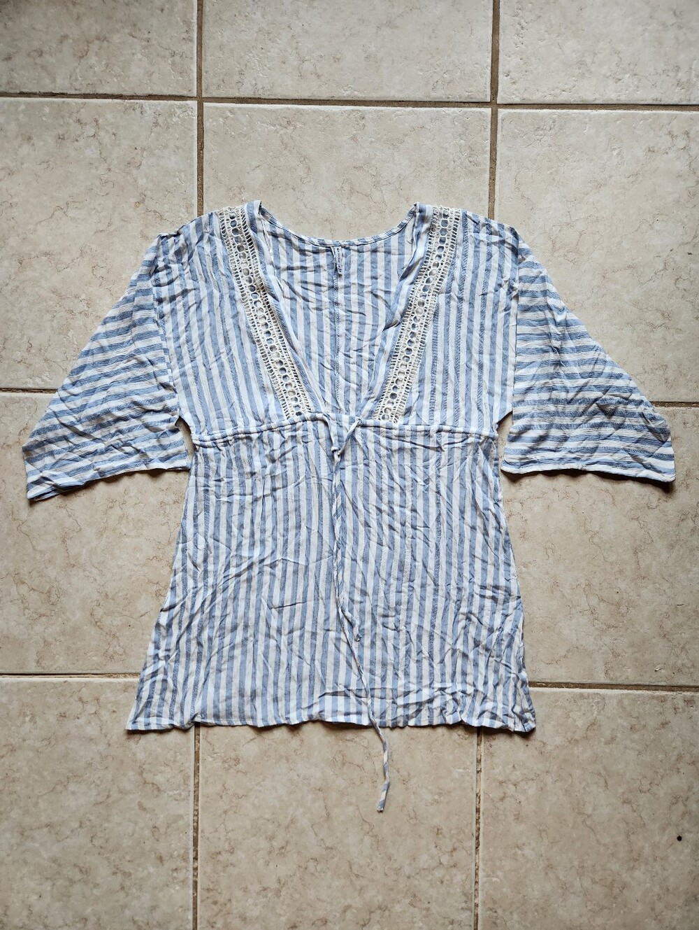 Raviya Striped Tunic Swim Cover Up M Blue White Crochet Trim V-Neck